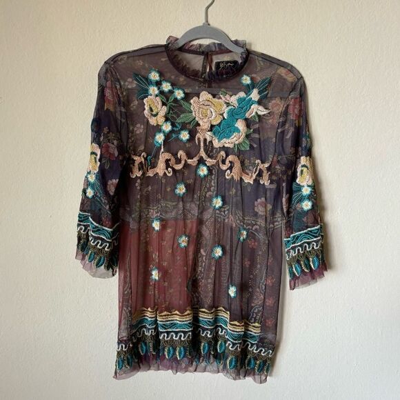 Johnny Was Renley Black Brown Blouse Sheer Mesh Floral Embroidered Size  XS - Picture 7 of 10